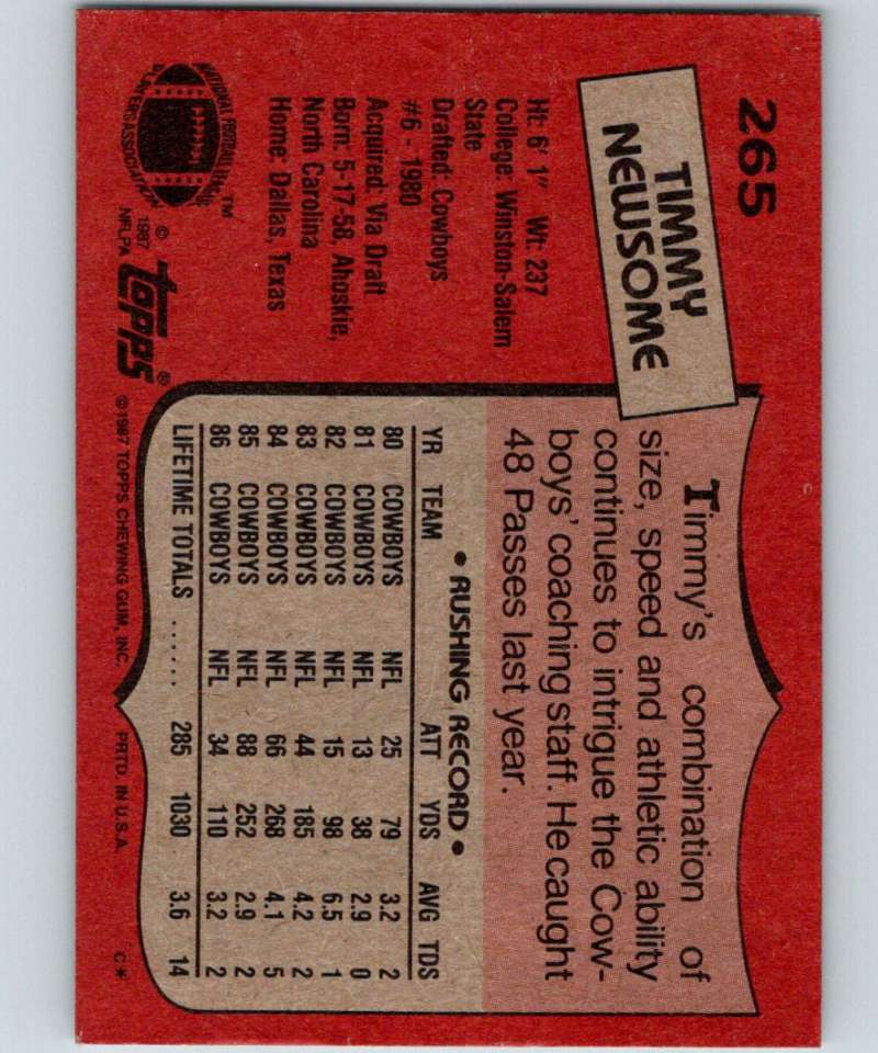 1987 Topps #265 Timmy Newsome Cowboys NFL Football Image 2