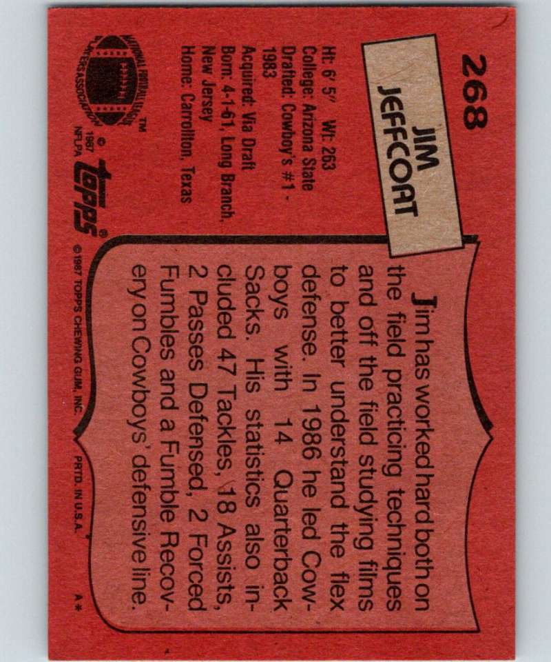 1987 Topps #268 Jim Jeffcoat Cowboys NFL Football Image 2
