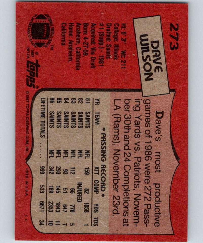 1987 Topps #273 Dave Wilson Saints NFL Football Image 2