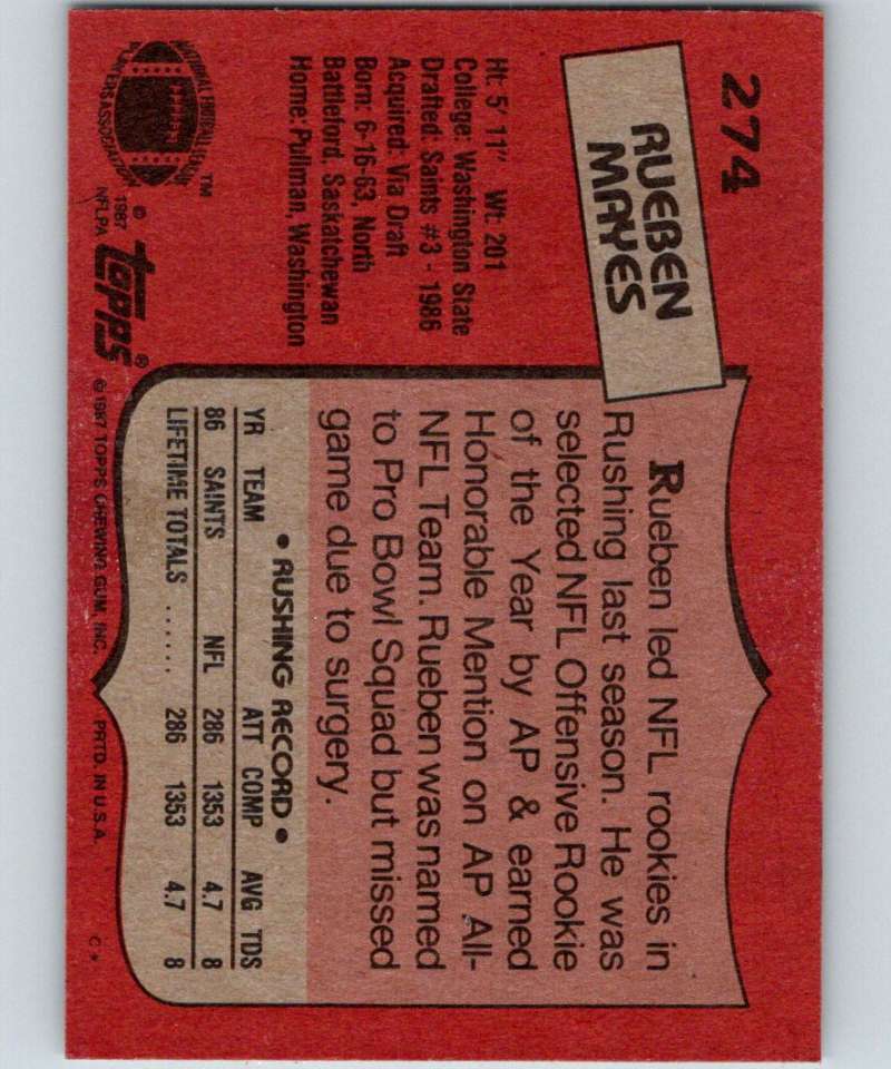 1987 Topps #274 Rueben Mayes RC Rookie Saints UER NFL Football