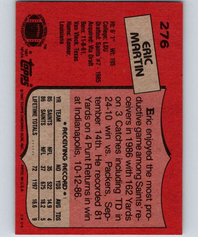 1987 Topps #276 Eric Martin RC Rookie Saints NFL Football Image 2