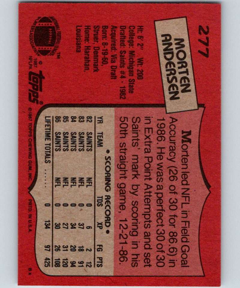 1987 Topps #277 Morten Andersen Saints NFL Football Image 2