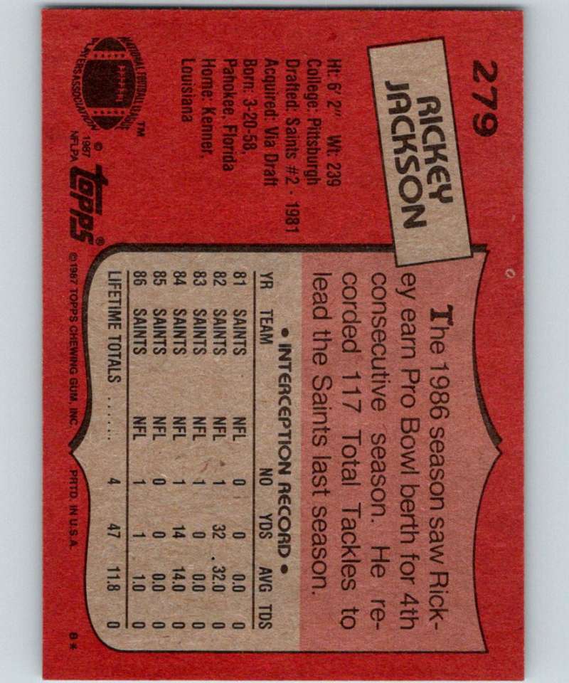 1987 Topps #279 Rickey Jackson Saints NFL Football Image 2