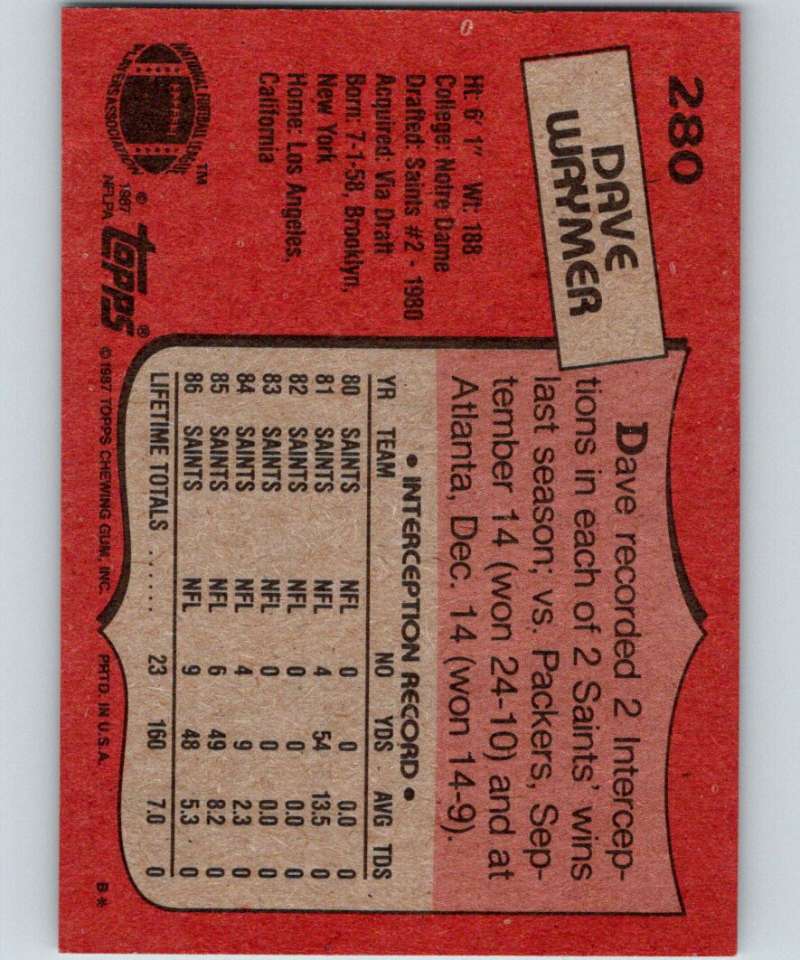 1987 Topps #280 Dave Waymer Saints NFL Football Image 2