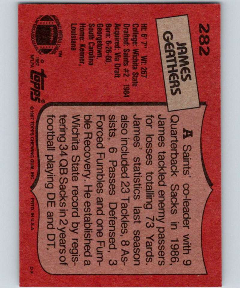 1987 Topps #282 Jumpy Geathers RC Rookie Saints NFL Football Image 2