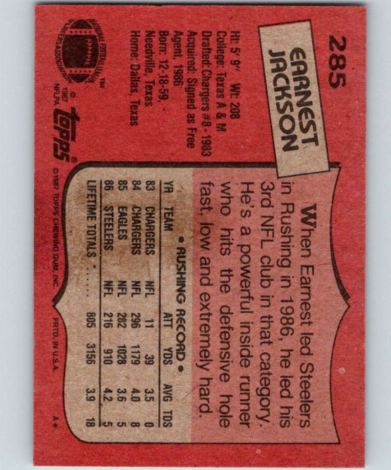 1987 Topps #285 Earnest Jackson Steelers NFL Football Image 2