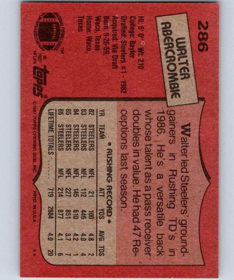 1987 Topps #286 Walter Abercrombie Steelers NFL Football Image 2