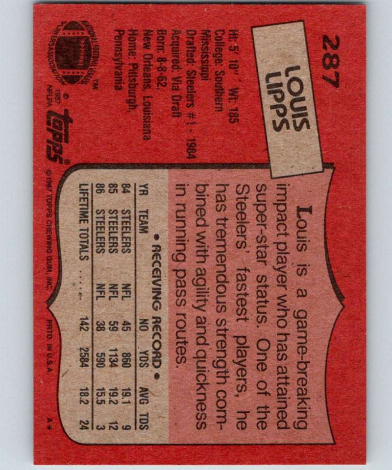 1987 Topps #287 Louis Lipps Steelers NFL Football Image 2