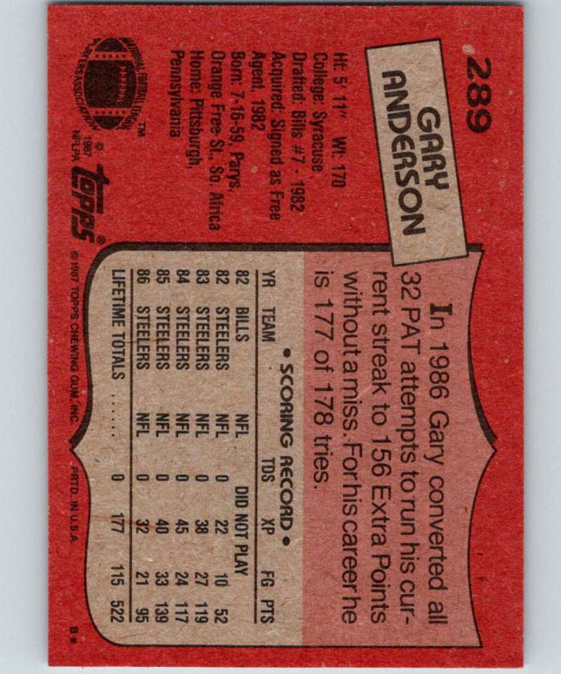 1987 Topps #289 Gary Anderson Steelers NFL Football Image 2