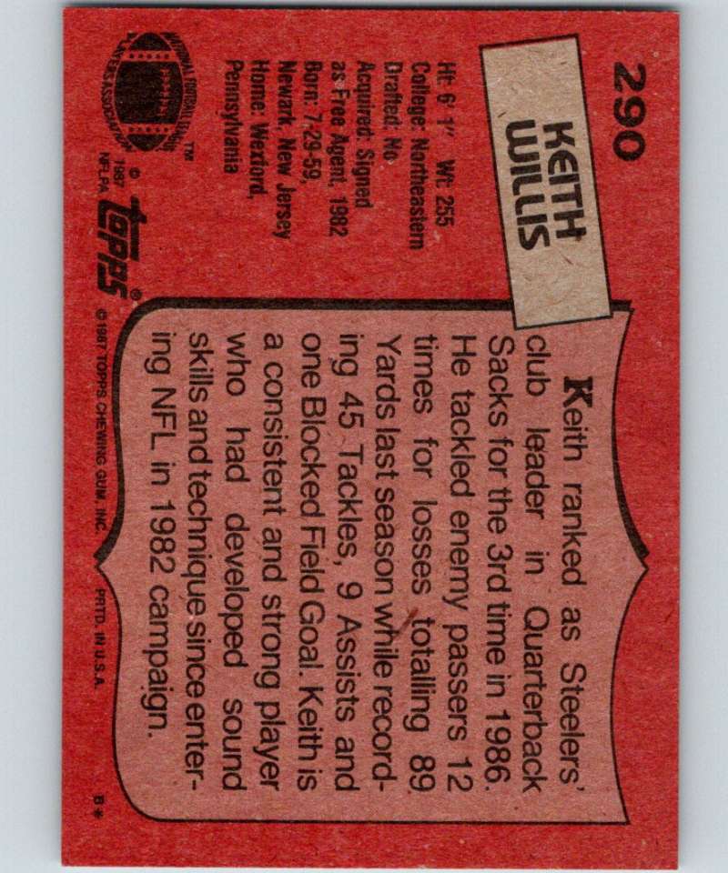 1987 Topps #290 Keith Willis Steelers NFL Football Image 2