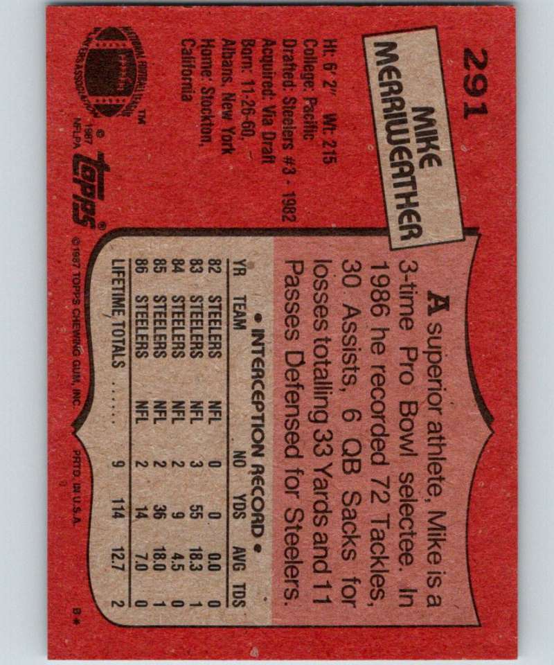1987 Topps #291 Mike Merriweather Steelers NFL Football Image 2