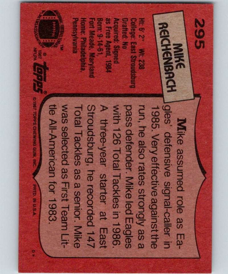 1987 Topps #295 Mike Reichenbach Eagles NFL Football