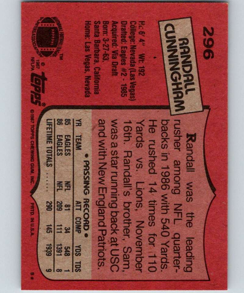 1987 Topps #296 Randall Cunningham RC Rookie Eagles NFL Football