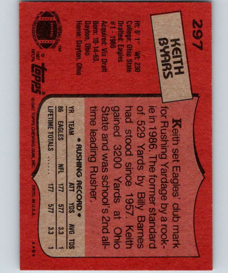 1987 Topps #297 Keith Byars RC Rookie Eagles NFL Football