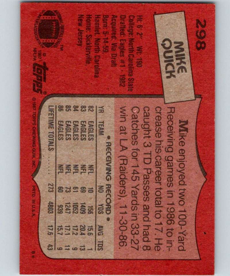 1987 Topps #298 Mike Quick Eagles NFL Football Image 2