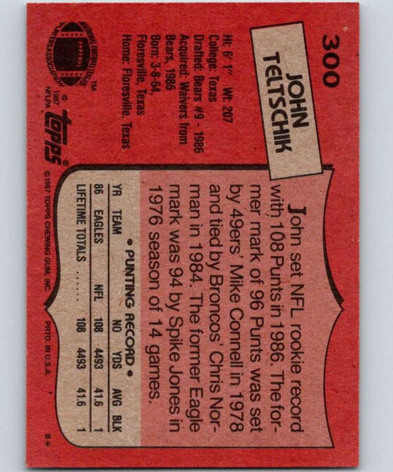 1987 Topps #300 John Teltschik RC Rookie Eagles NFL Football