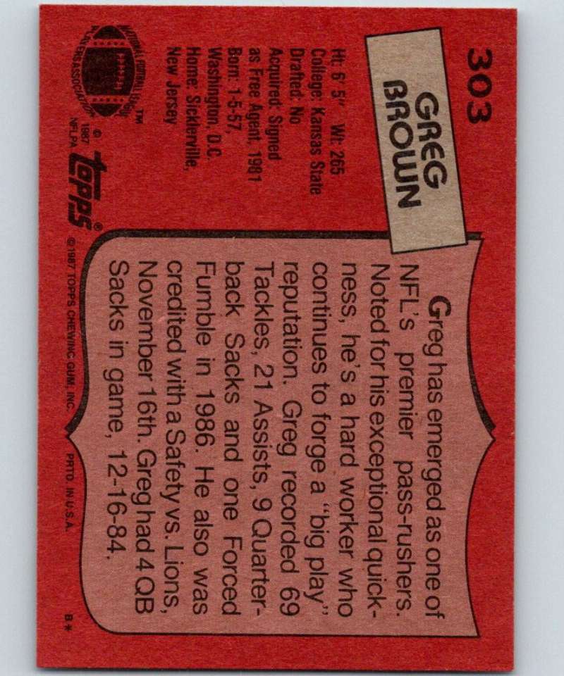 1987 Topps #303 Greg Brown Eagles NFL Football Image 2