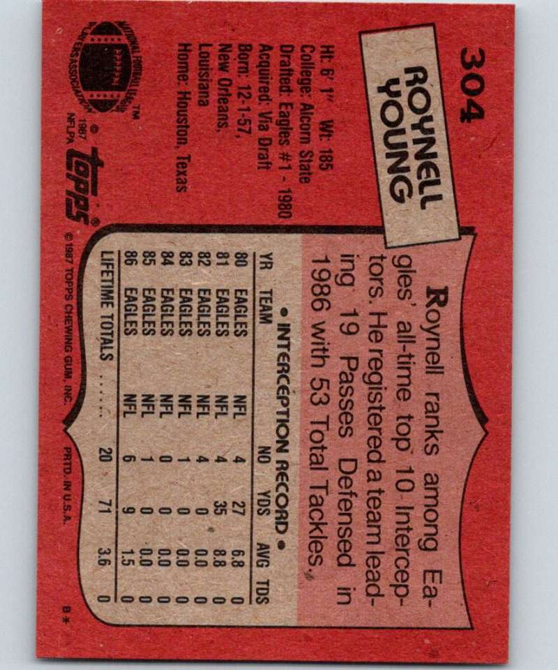 1987 Topps #304 Roynell Young Eagles NFL Football Image 2