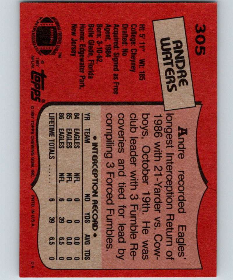 1987 Topps #305 Andre Waters RC Rookie Eagles NFL Football Image 2