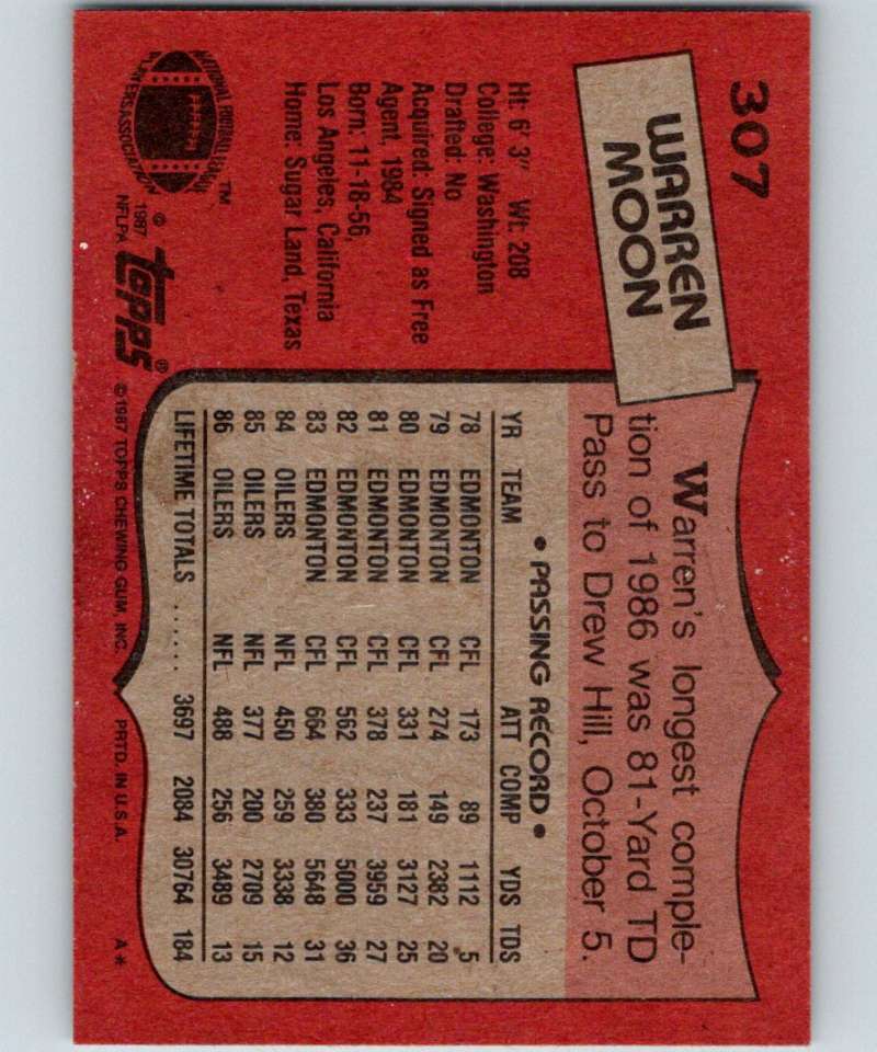 1987 Topps #307 Warren Moon Oilers NFL Football