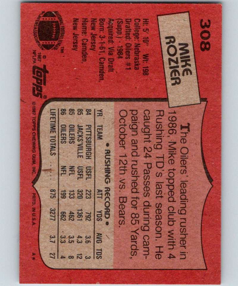 1987 Topps #308 Mike Rozier Oilers NFL Football Image 2