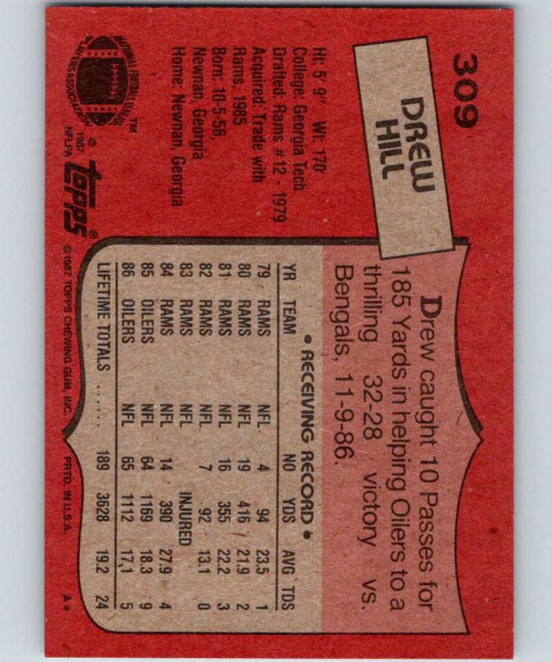 1987 Topps #309 Drew Hill Oilers NFL Football Image 2