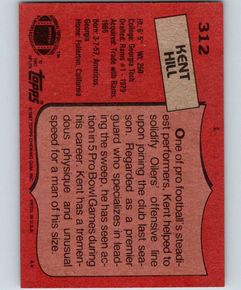 1987 Topps #312 Kent Hill Oilers NFL Football Image 2