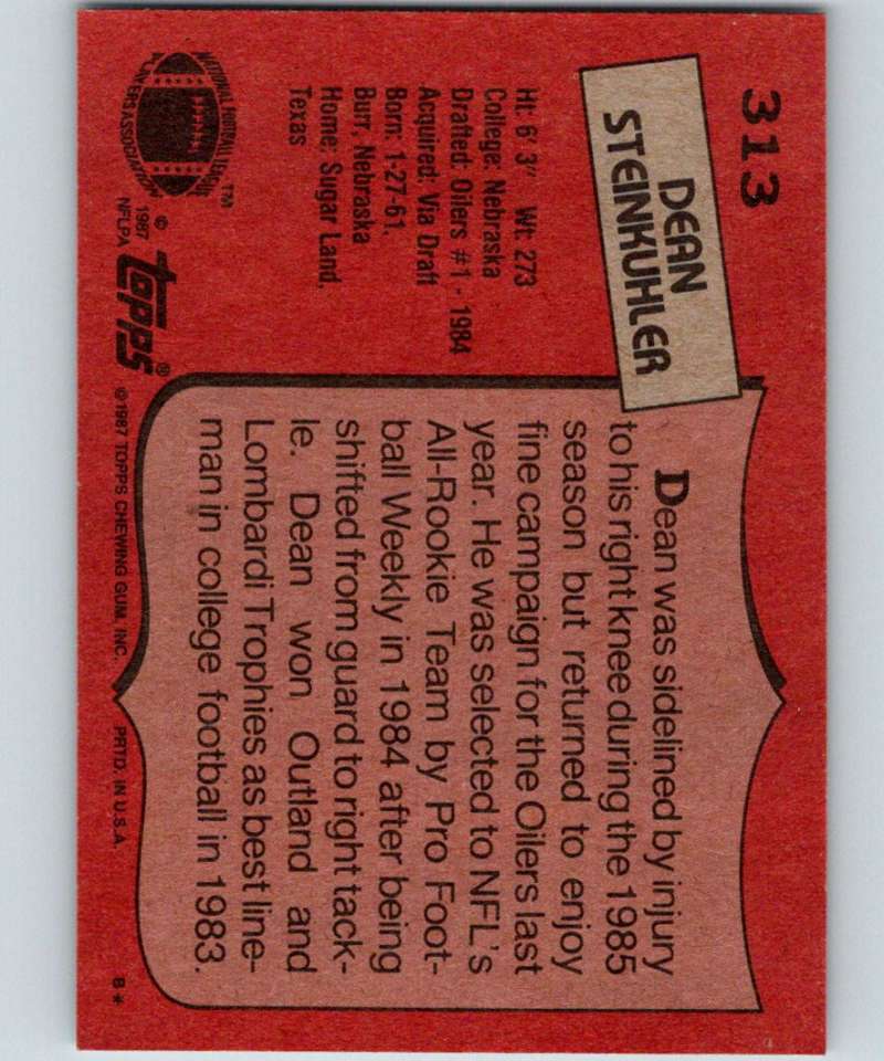 1987 Topps #313 Dean Steinkuhler RC Rookie Oilers NFL Football Image 2