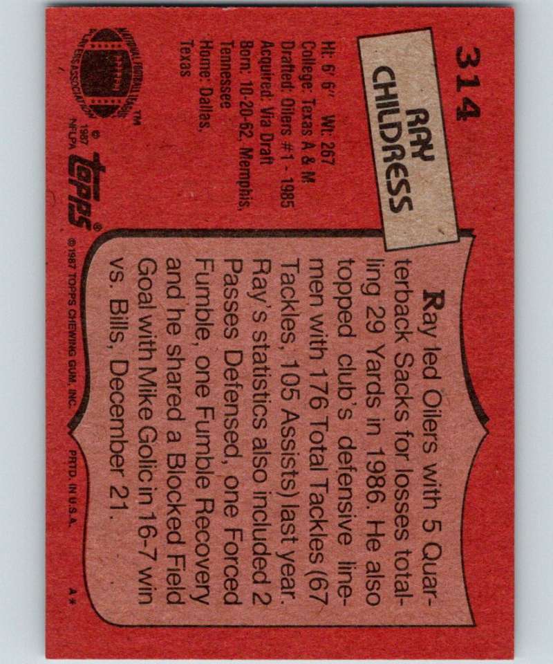 1987 Topps #314 Ray Childress Oilers NFL Football Image 2