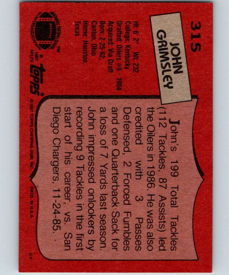1987 Topps #315 John Grimsley RC Rookie Oilers NFL Football
