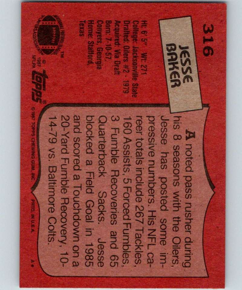 1987 Topps #316 Jesse Baker Oilers NFL Football Image 2