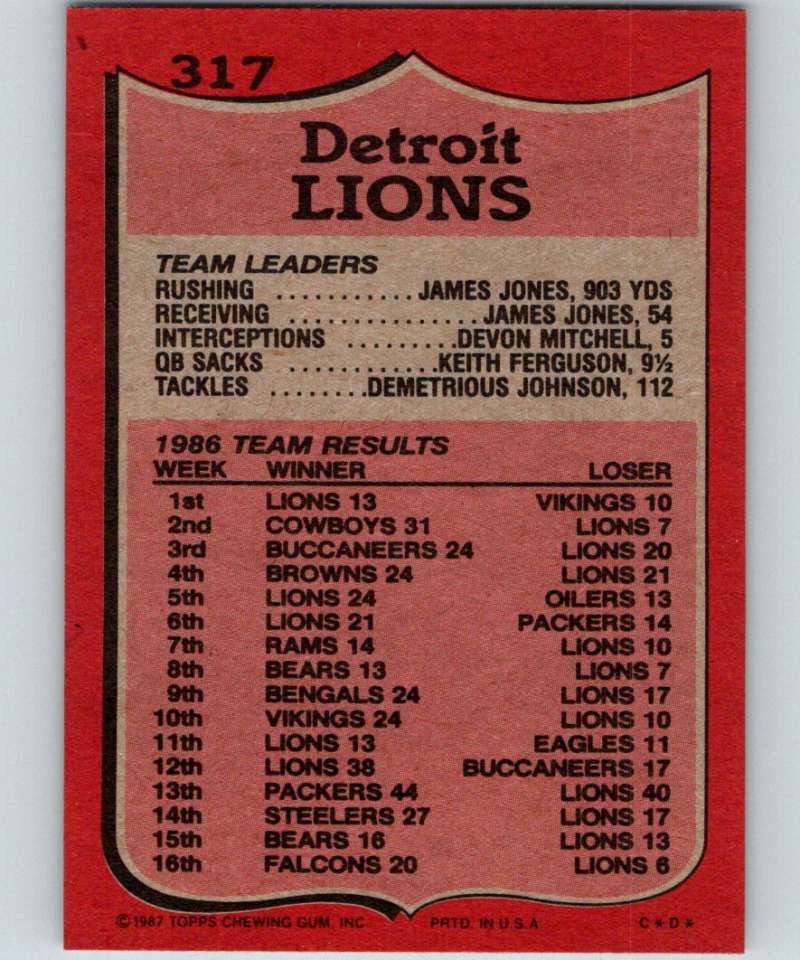 1987 Topps #317 Eric Hipple Lions TL NFL Football Image 2