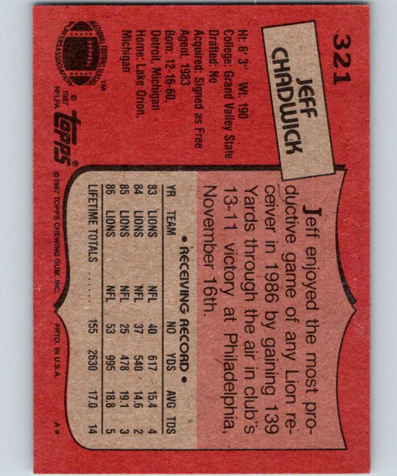 1987 Topps #321 Jeff Chadwick Lions NFL Football