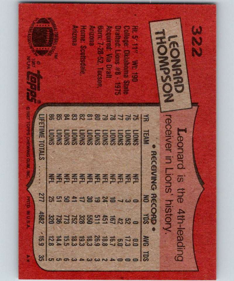 1987 Topps #322 Leonard Thompson Lions NFL Football Image 2
