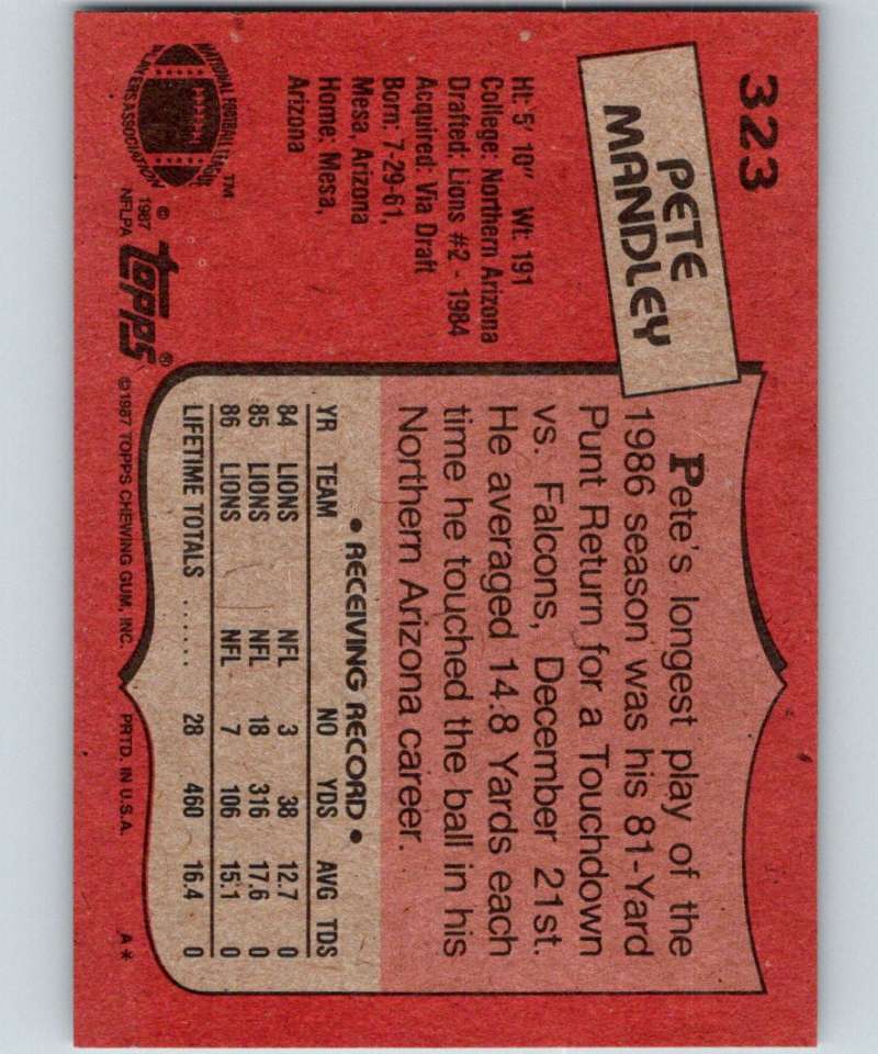 1987 Topps #323 Pete Mandley Lions NFL Football Image 2