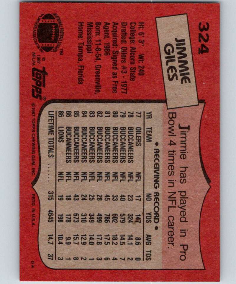 1987 Topps #324 Jimmie Giles Lions NFL Football Image 2