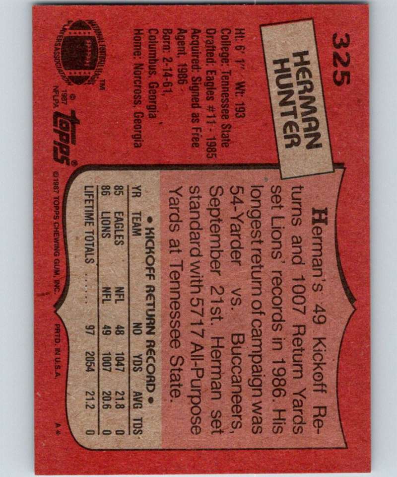 1987 Topps #325 Herman Hunter Lions NFL Football Image 2