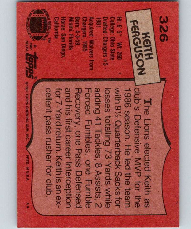 1987 Topps #326 Keith Ferguson Lions NFL Football Image 2