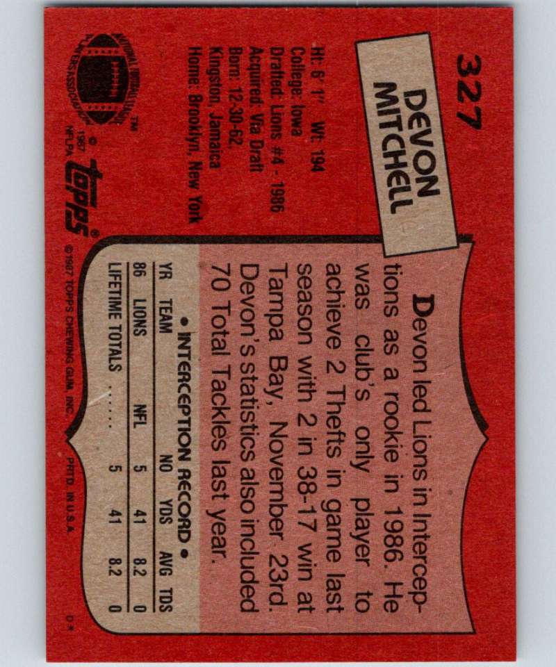 1987 Topps #327 Devon Mitchell Lions NFL Football Image 2