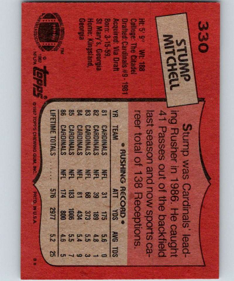 1987 Topps #330 Stump Mitchell Cardinals NFL Football Image 2