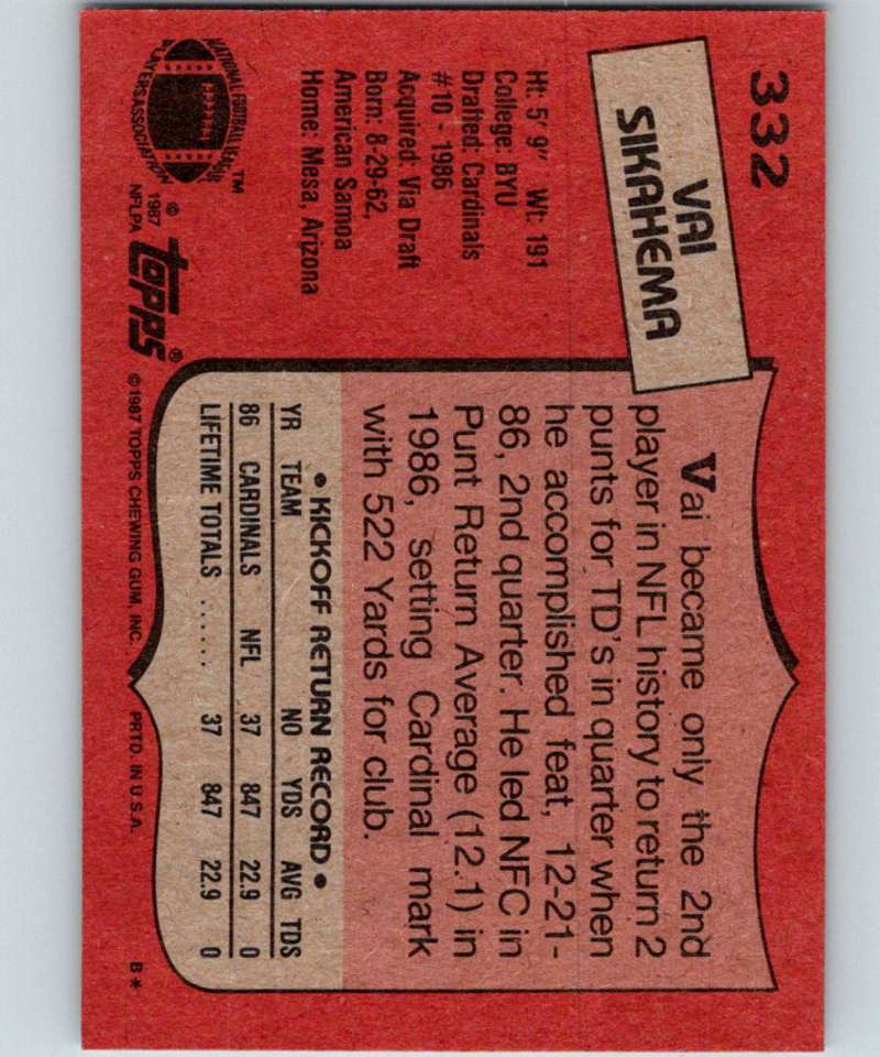 1987 Topps #332 Vai Sikahema RC Rookie Cardinals NFL Football Image 2