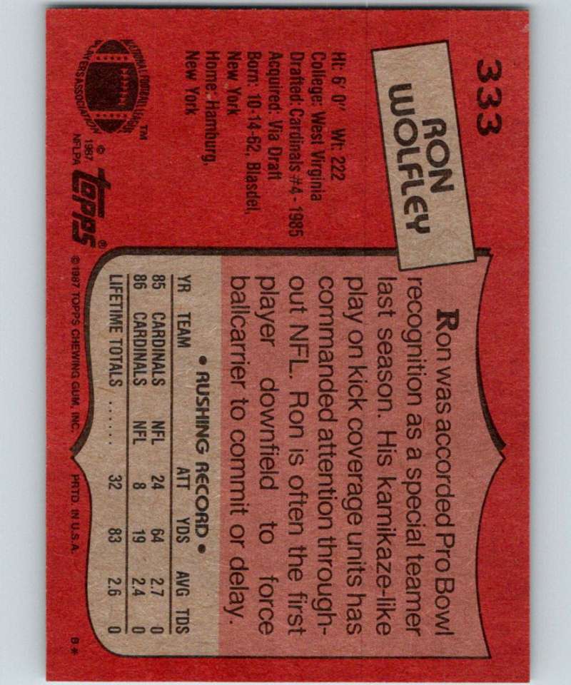 1987 Topps #333 Ron Wolfley RC Rookie Cardinals NFL Football