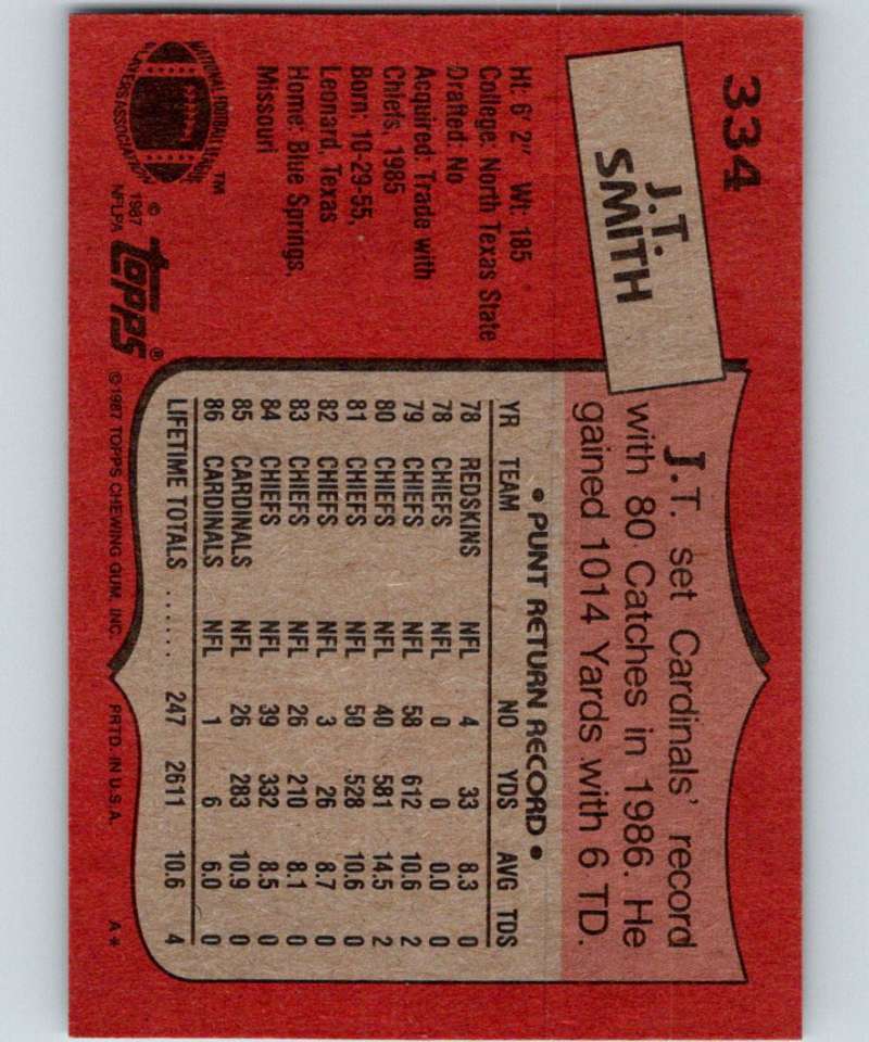 1987 Topps #334 J.T. Smith Cardinals NFL Football Image 2