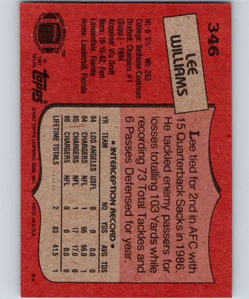 1987 Topps #346 Lee Williams RC Rookie Chargers NFL Football Image 2