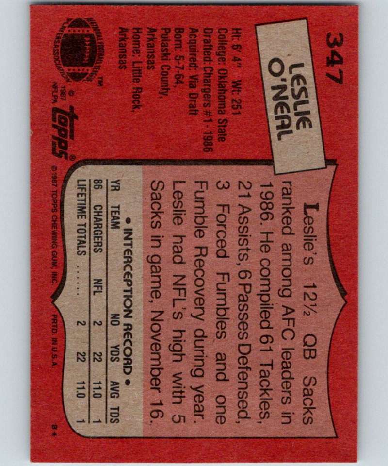 1987 Topps #347 Leslie O'Neal RC Rookie Chargers NFL Football Image 2
