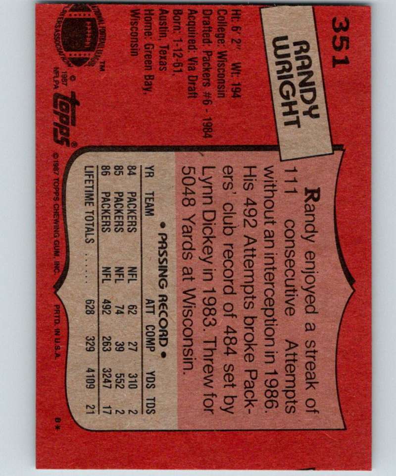 1987 Topps #351 Randy Wright Packers NFL Football Image 2