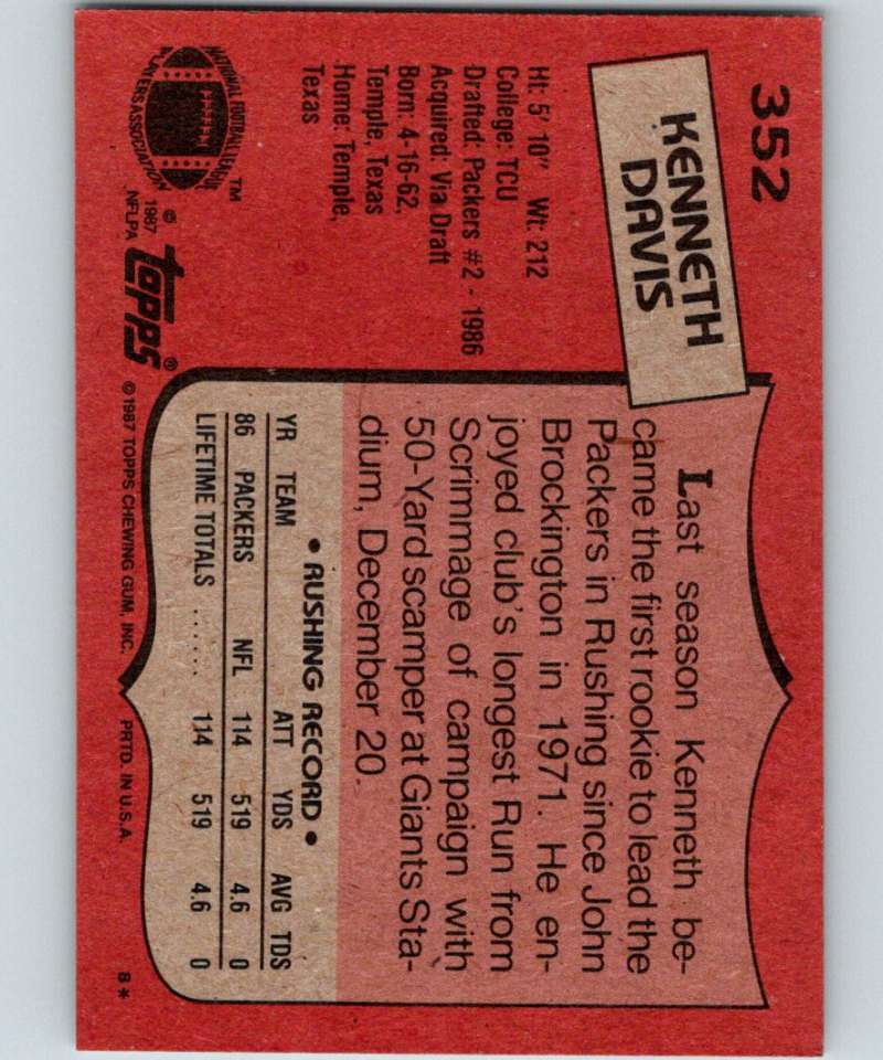 1987 Topps #352 Kenneth Davis RC Rookie Packers NFL Football