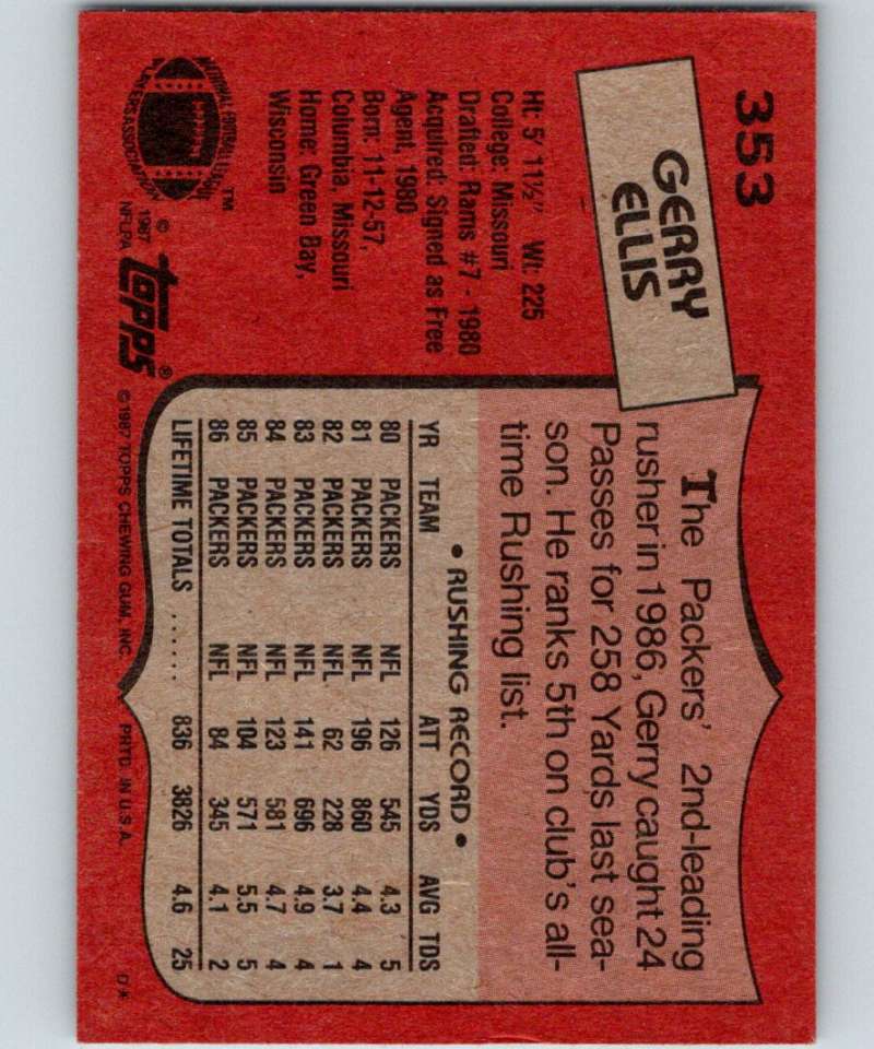 1987 Topps #353 Gerry Ellis Packers NFL Football Image 2