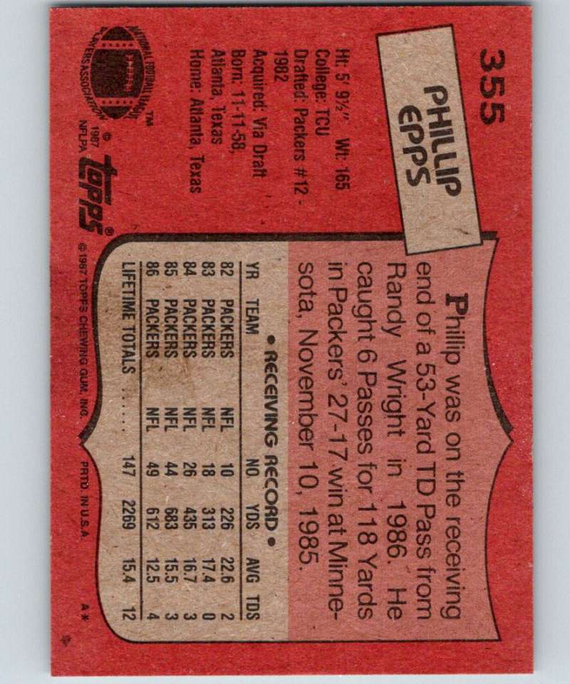 1987 Topps #355 Phillip Epps RC Rookie Packers NFL Football