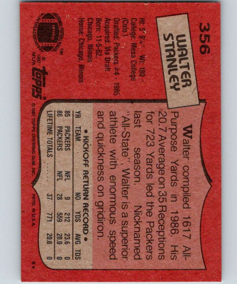 1987 Topps #356 Walter Stanley RC Rookie Packers NFL Football Image 2